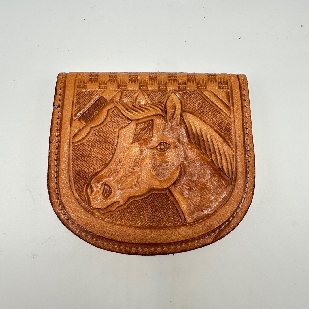 Vintage Hand Tooled Leather Horse Coin Purse Mexico Tan Western Floral Pouch